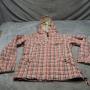 Burton Jacket Womens Small Red Plaid Houndstooth Softshell Hooded Snow Wind Rain